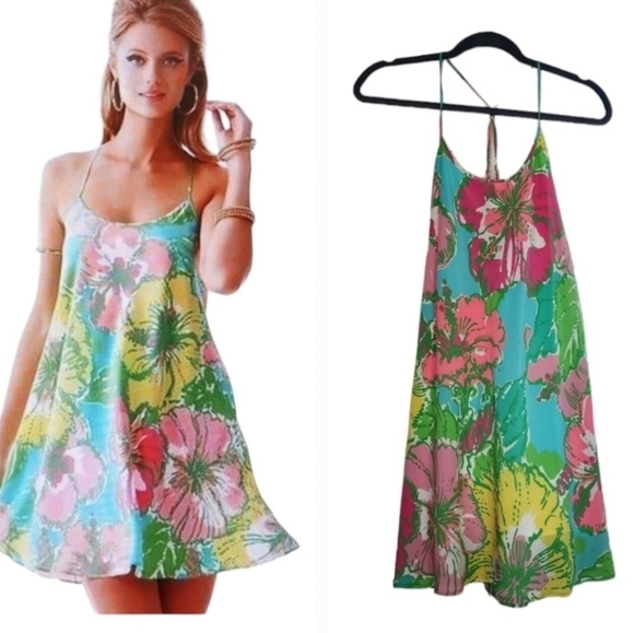 Lilly Pulitzer Pink White green Blue Floral Silk Maisy Mini Dress Luau Event Coc - Picture 1 of 10